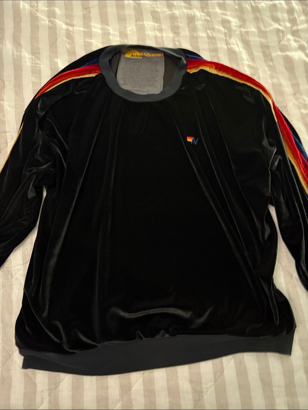 Aviator Nation Black Velour Pullover with Rainbow Tag Accent